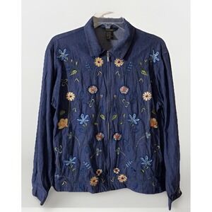 T & Company Sz M Denim Jacket Zip Long Sleeve Embroidered Flower Shirt Shacket